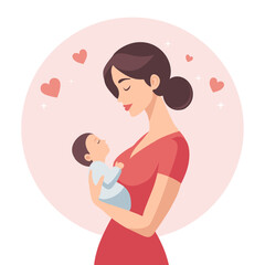 Happy woman with newborn baby, mother holding her baby in her arms.. Flat style illustration