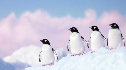 Obraz premium Group of Adélie Penguins Lined Up Against Soft Pink Background