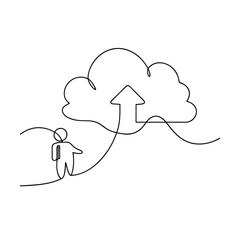 Single Line Art Cloud Computing, Data Upload, Person, Digital Storage, Network