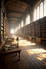 Historic library interior with wooden shelves, sunlight streaming through windows, and inviting reading atmosphere with copy space