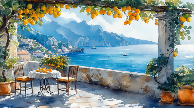 Cozy terrace overlooking a vibrant blue sea with lemon trees watercolor illustration