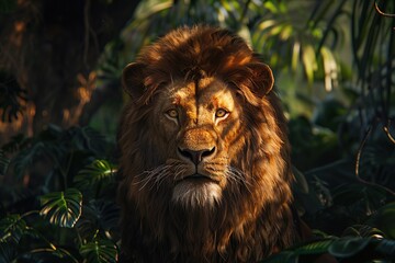 Naklejka premium Portrait of a lion in the jungle, Ai Generated