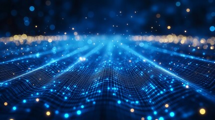 Fototapeta premium Abstract Blue Digital Wave Background with Glowing Particles and Network Mesh