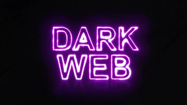 Dark web neon glowing purple text on a dark background, cybersecurity and anonymous internet concept.