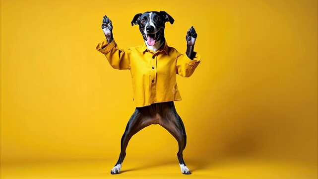 playful dancing dog wearing a yellow jacket, standing on legs and looking excited. yellow background. fun energetic vibe. perfect for pet fashion brands, accessories, and dog-friendly businesses 4K.