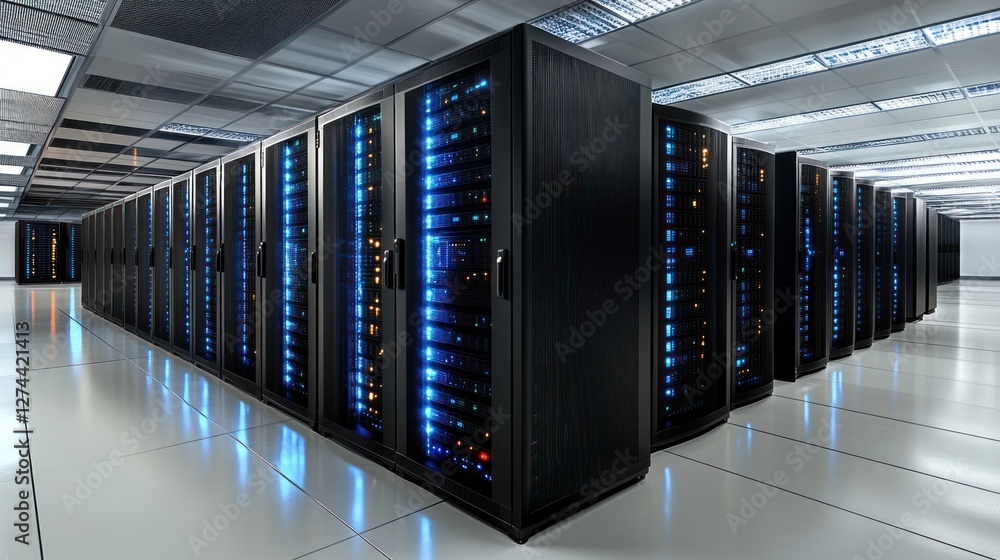 Poster illuminated server racks in modern data center