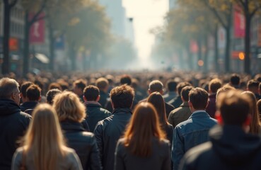 Backlit crowd walking city street. Commuters move on sidewalk in urban area. Large group of people walks outdoors in tied-up downtown district. Society, population, social themes concept. Sunny day.