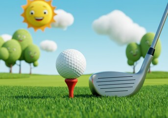 Naklejka premium Golf ball on a tee with a club, set in a cheerful landscape