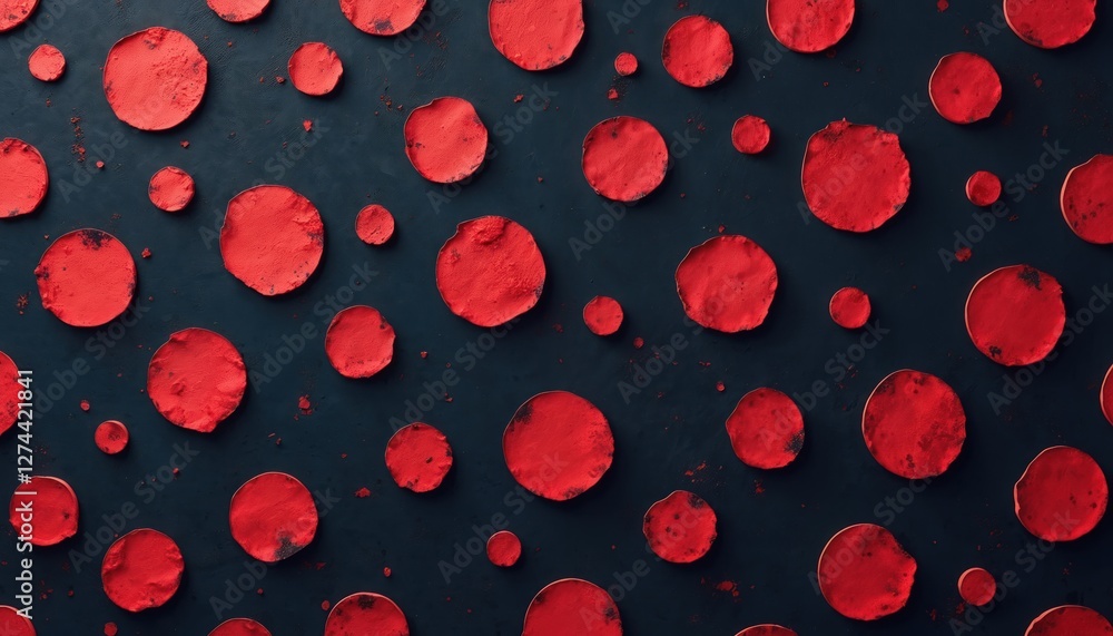 Poster Seamless grunge pattern with red polka dots on black background. Decorative texture of uniform sized dotted circles. Stylish trendy geometric design. Vibrant colourful playful illustration for
