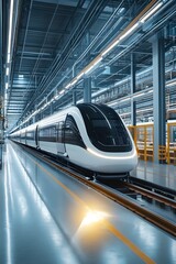 Fototapeta premium Futuristic High-Speed Railway Manufacturing Plant with Clean and Advanced Industrial Prototypes