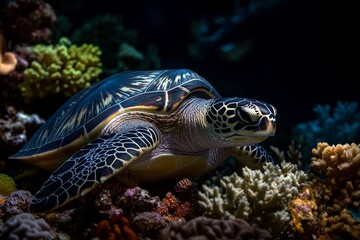 Obraz premium Diver cleans invasive mollusks from sea turtle in vibrant coral reef habitat. Generative AI