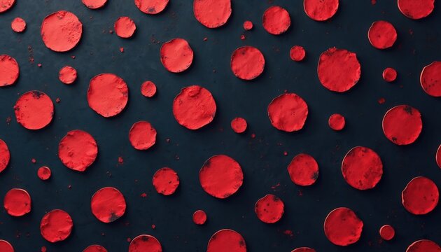 Seamless grunge pattern with red polka dots on black background. Decorative texture of uniform sized dotted circles. Stylish trendy geometric design. Vibrant colourful playful illustration for