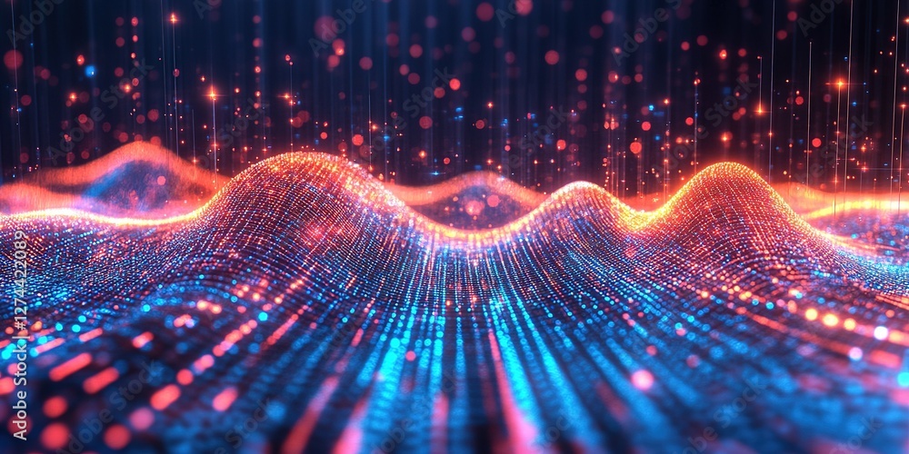 Poster digital abstract representation of colorful waves with glowing particles in a dark background during