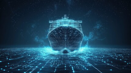 Digital Ship Sailing Through Starry Night Ocean