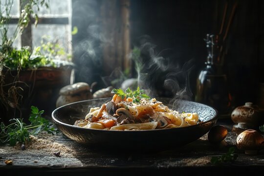 artisanal pasta creation with wild mushrooms and herbs in dramatic chiaroscuro lighting style