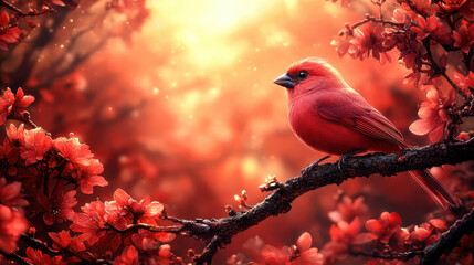 Fototapeta premium Vibrant red bird amidst blossoming tree on world wildlife day