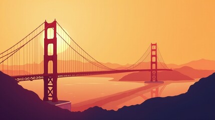 Fototapeta premium Golden Gate Bridge under a glowing sunset sky.