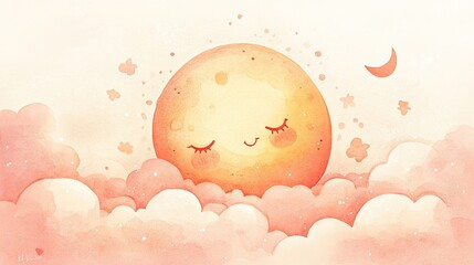 Cheerful celestial-themed cartoon-style illustration A beaming sun, cozy moon, and smiling clouds in a soft, dreamy watercolor sky