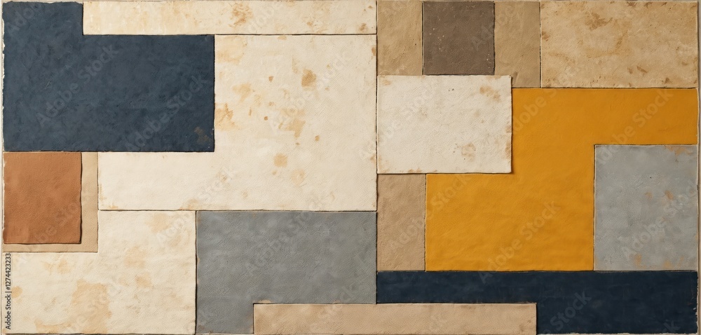 Fototapete Geometric design features various shapes, colors. Modern art with rectangular pattern. Rustic texture. Palette ranges from light yellow to dark blue. Wall edging inspiration, glazed surface. Abstract