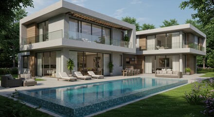 Fototapeta premium A modern mansion with large glass windows surrounded by lush greenery of a pristine swimming pool with crystal clear water