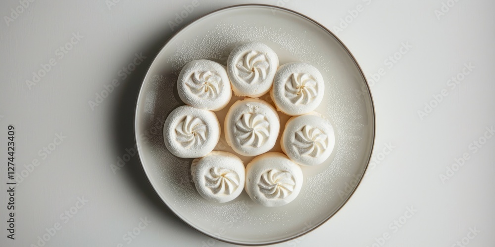 Poster slices of a meringue roll are neatly arranged in a circular pattern on a simple white plate. the lig