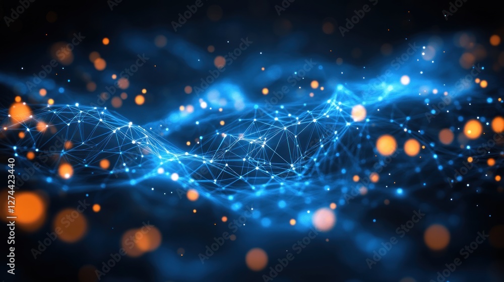Poster abstract blue network data visualization with orange glows