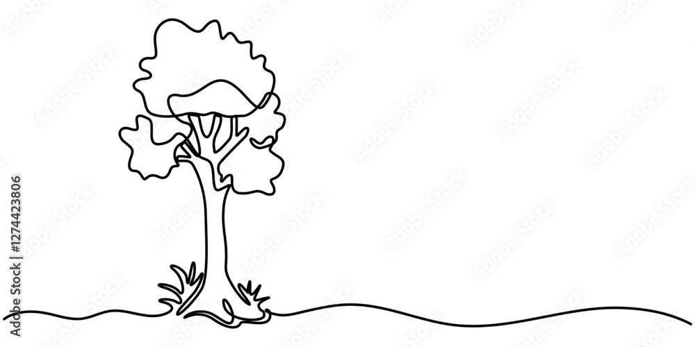 Poster continuous one line drawing of tree on white background. vector illustration, continuous one line dr