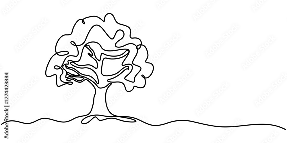 Poster continuous one line drawing of tree on white background. vector illustration, continuous one line dr