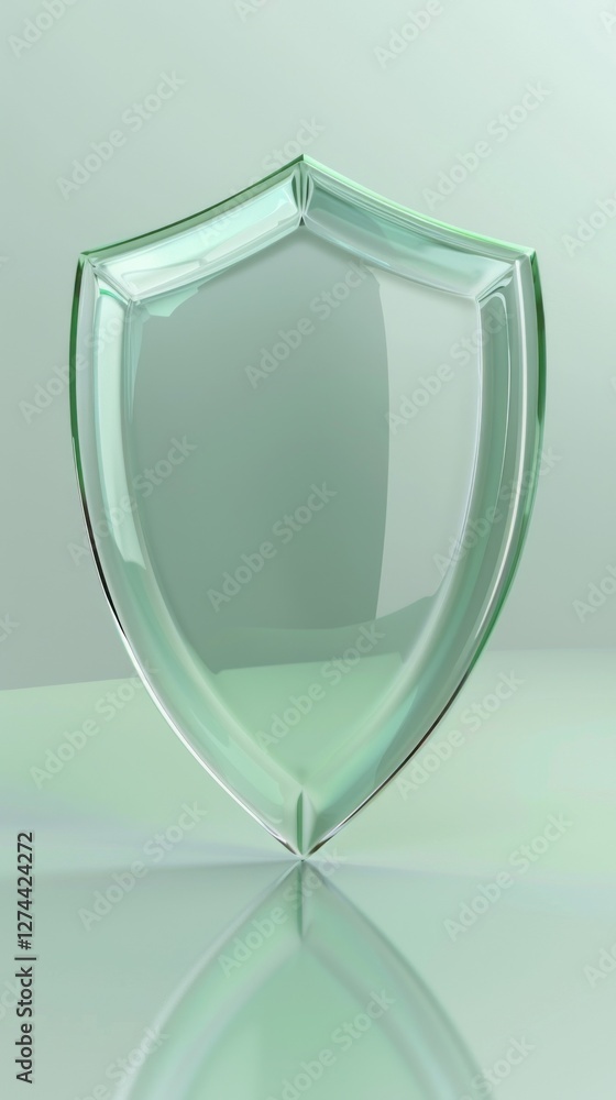 Poster a charming 3d shield icon crafted from transparent glass with a light green hue. the simple design f