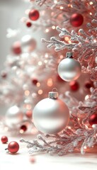 White Christmas Tree Decorated with Red and White Ornaments, Close-up, Festive Background