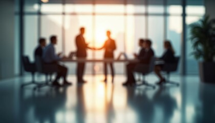 Blurred background of business people meeting at office. Silhouettes of executives in corporate environment. Teamwork, collaboration, discussion, presentation. Modern bright workspace. Focus on