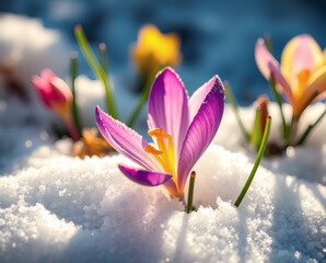 Blooming crocus flowers emerge through a blanket of snow in early spring sunlight across a serene landscape