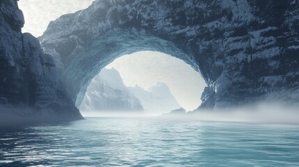 Foggy Coastal Arch Carved into Rock Formations at Sunrise