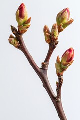 Fototapeta premium The first buds of the almond tree begin to open on the branches in early spring, forming characteristic beautiful flowers and branches on a white background