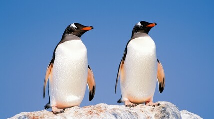 Fototapeta premium Pair of Gentoo Penguins Perched on Rock Against Blue Sky