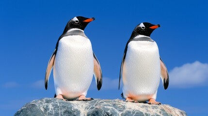 Obraz premium Two Gentle Gentoo Penguins Perched on a Rock Against Clear Sky