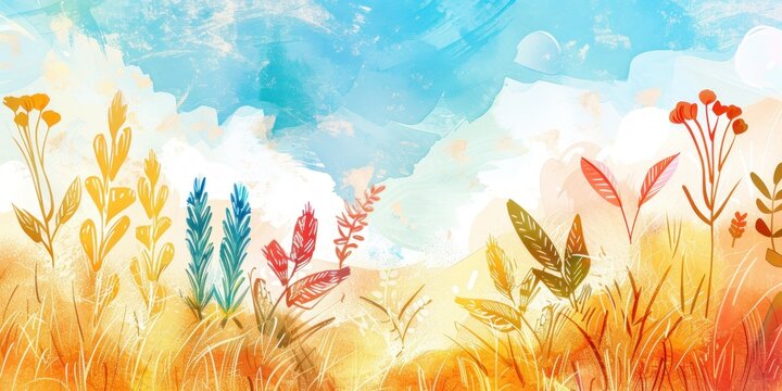 A vibrant illustration celebrating Shavuot features colorful flowers and greenery against a bright sky