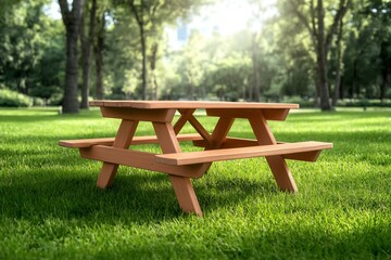 wooden picnic table in green meadow outdoor scene