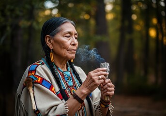 Native woman smudging herbs in forest