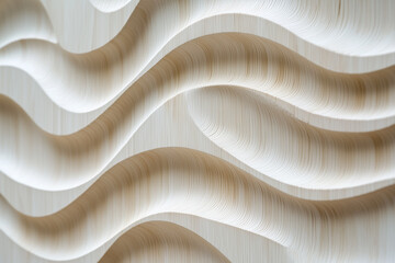 Abstract wavy texture on smooth wood surface. The flowing patterns create a sense of movement and elegance, showcasing a harmonious blend of light tones and natural wood grain. Ideal for modern design