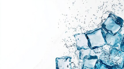 Refreshing Splash of Crystal Clear Blue Ice Cubes in Sparkling Water on White Background