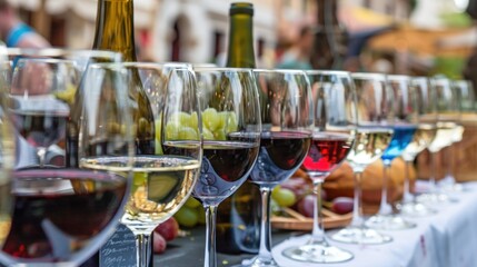 Colorful selection of wine glasses filled with red white and sparkling wines set up at a street wine festival. The scene features grapes and bread creating a festive atmosphere perfect for events