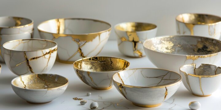 Display of a stunning collection of Kintsugi items featuring bowls cups and plates each artistically repaired with gold. The clean white background enhances their unique beauty and craftsmanship