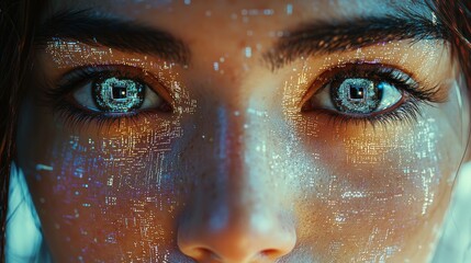 Futuristic ai powered photo retouching with holographic interface for intricate eye enhancements
