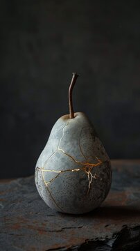 A single delicate pear stands out with intricate kintsugi repairs highlighting its history of resilience. Soft lighting enhances the gold lines on its surface adding depth to the composition