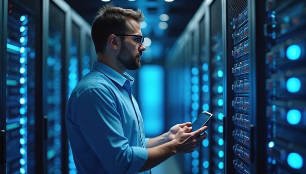 engineer monitors servers with mobile phone in datacenter. System administrator works in server room with hardware, mainframe. Pro technician monitors cybersecurity, network connection, telecom