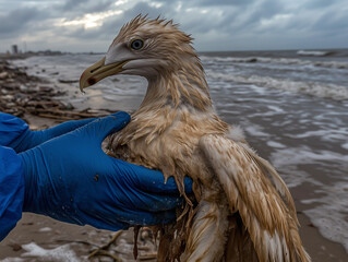 A polluted seagull covered in oil is on a contaminated beach, struggling to move. A rescuer wearing protective gloves carefully handles the bird, highlighting the impact of environmental disasters. 