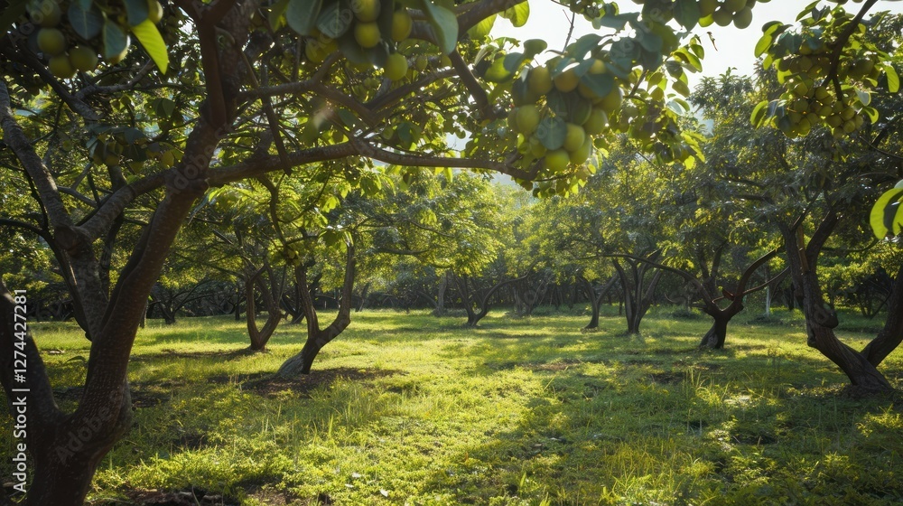 Poster in a tranquil orchard guava trees thrive in rich green foliage. sunlight filters through the branche