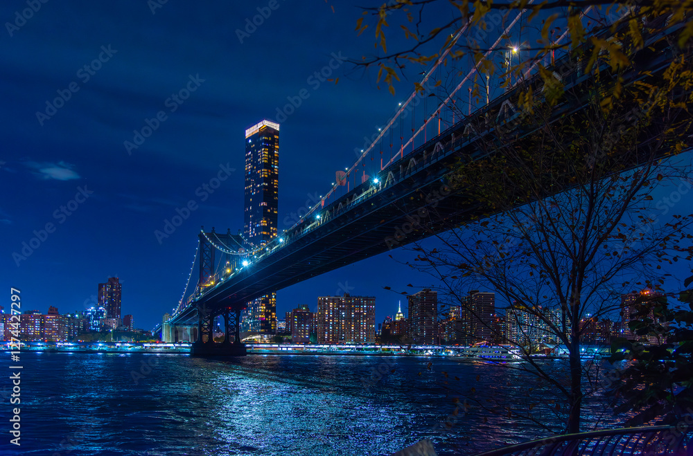 Wall mural Manhattan bridge seen from Brooklyn at night