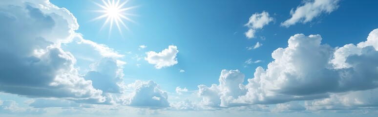 Panoramic scenery of blue sky with white clouds, bright sun. Beautiful cloudscape with cumulus, cirrus formations. Nature background with fluffy clouds on sunny day. Clear weather forecast, climatic
